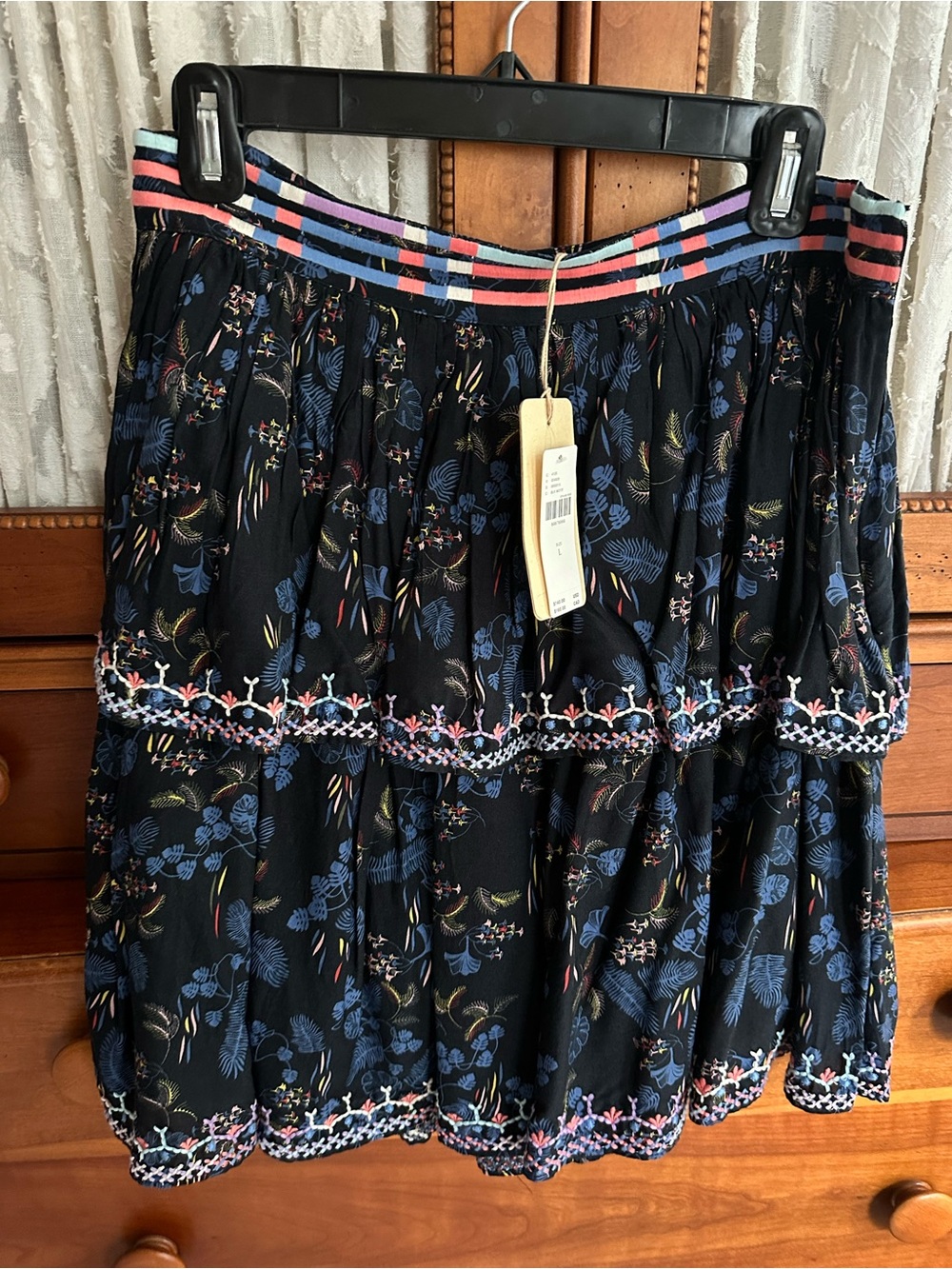 Anthropologie Women's Black Floral Tiered Skirt with Pink Trim